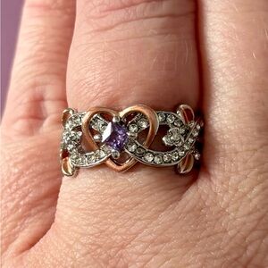Elegant Silver and Rose Gold Heart Ring with Purple Stone